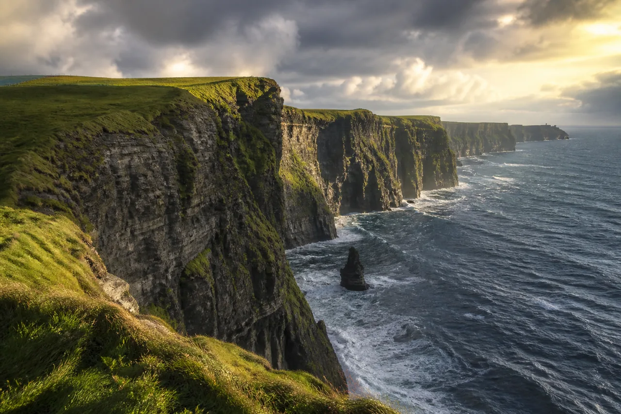 Sunlight breaking over the Cliffs of Moher in Ireland